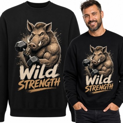 Bluza męska bez kaptura „Wild Strength” - dzik kulturysta z hantlami