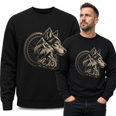 Bluza męska bez kaptura z wilkiem, górami i rowerzystą - kolarstwo terenowe