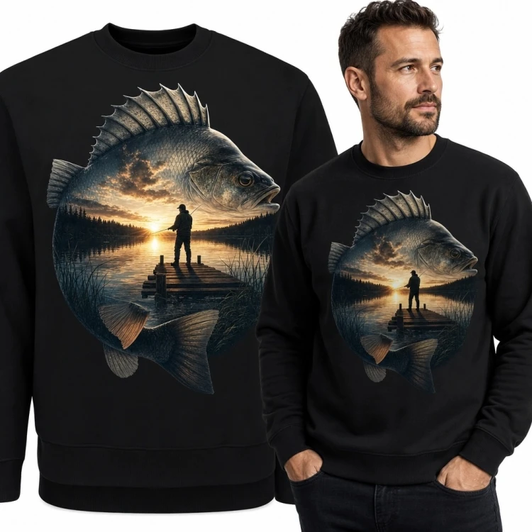 Bluza męska bez kaptura - ryba z wędkarzem nad jeziorem