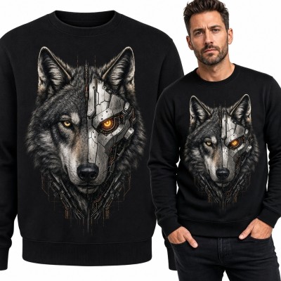 Bluza męska bez kaptura - wilk cyborg z pomarańczowym okiem