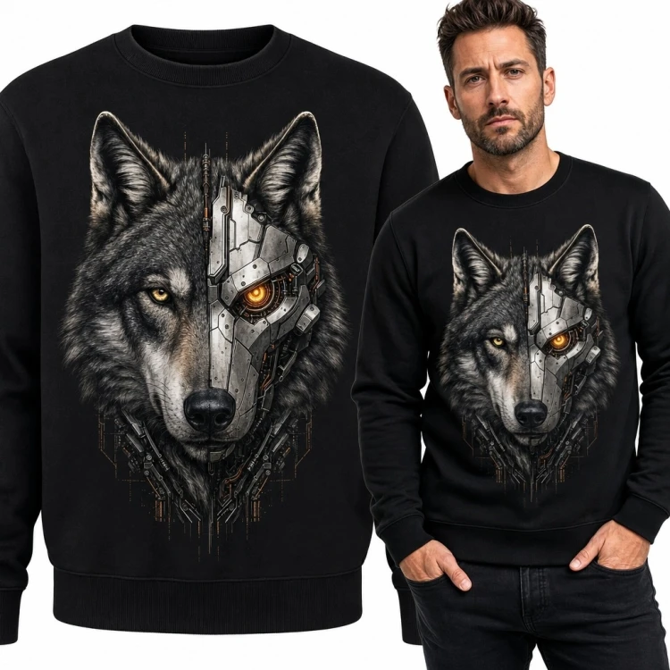 Bluza męska bez kaptura - wilk cyborg z pomarańczowym okiem