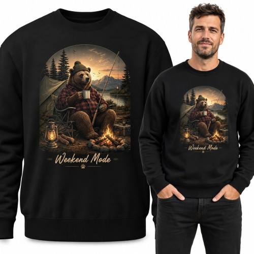 Bluza męska bez kaptura z niedźwiedziem na biwaku - „Weekend Mode”
