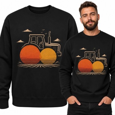 Bluza męska bez kaptura z retro traktorem - zachód słońca nad polem