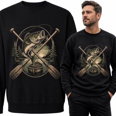 Bluza męska bez kaptura - ryba nad łodzią na leśnym jeziorze
