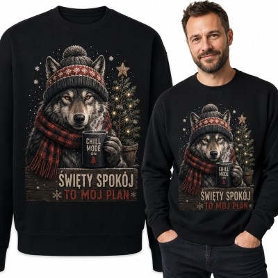 Bluza męska bez kaptura z zimowym wilkiem - „Święty spokój to mój plan”