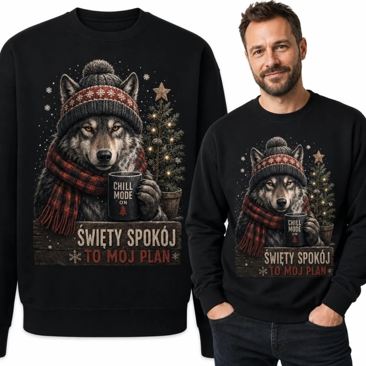 Bluza męska bez kaptura z zimowym wilkiem - „Święty spokój to mój plan”