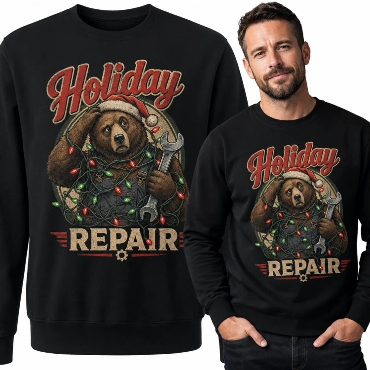Bluza męska bez kaptura z niedźwiedziem mechanikiem „Holiday Repair” - na Boże Narodzenie