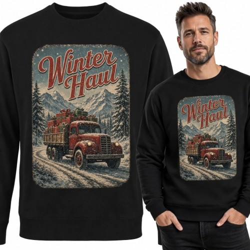 Bluza męska bez kaptura z ciężarówką retro „Winter Haul” - zimowy motyw