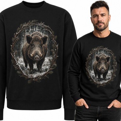 Bluza męska bez kaptura z dzikiem w zimowym lesie