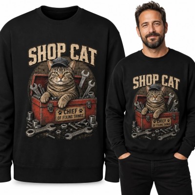Bluza męska bez kaptura z kotem mechanikiem „Shop Cat” - warsztatowy nadruk retro