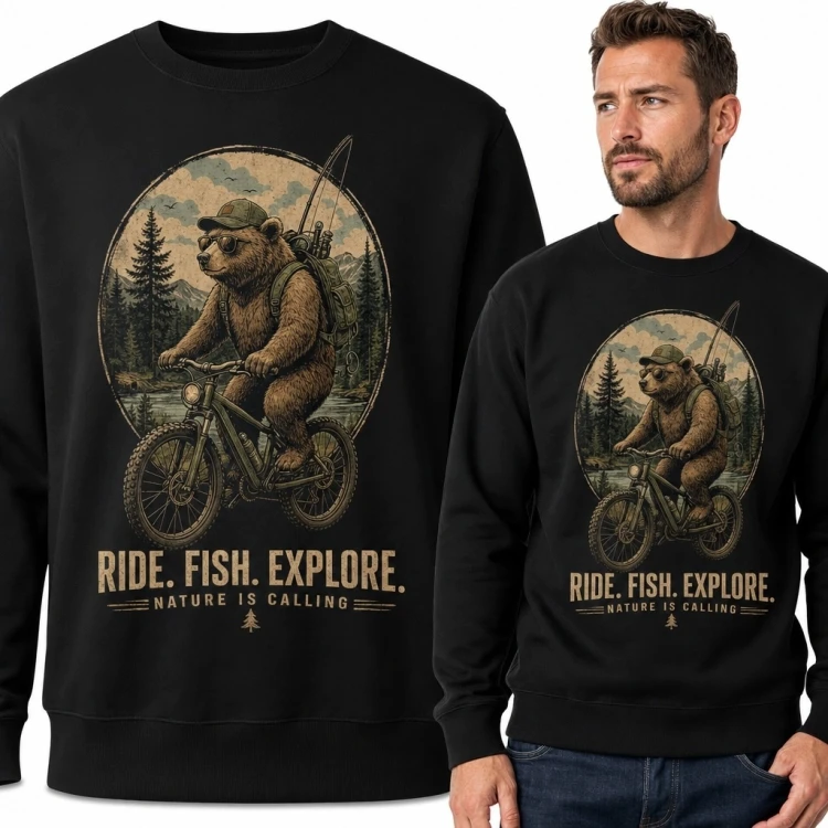 Bluza męska bez kaptura „Ride. Fish. Explore.” - niedźwiedź na rowerze