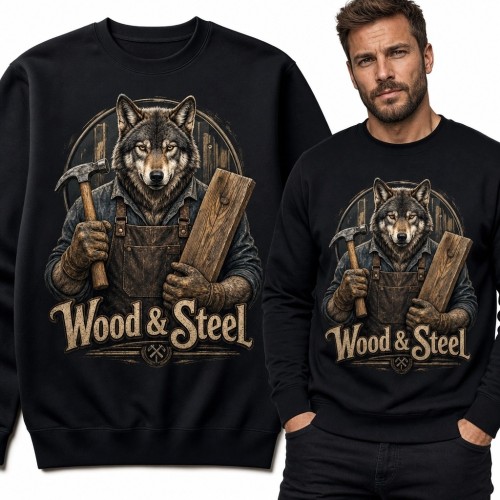 Bluza męska bez kaptura z wilkiem-rzemieślnikiem „Wood &amp; Steel” - rustykalny wzór