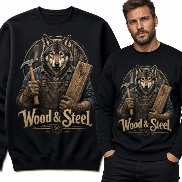 Bluza męska bez kaptura z wilkiem-rzemieślnikiem „Wood &amp; Steel” - rustykalny wzór