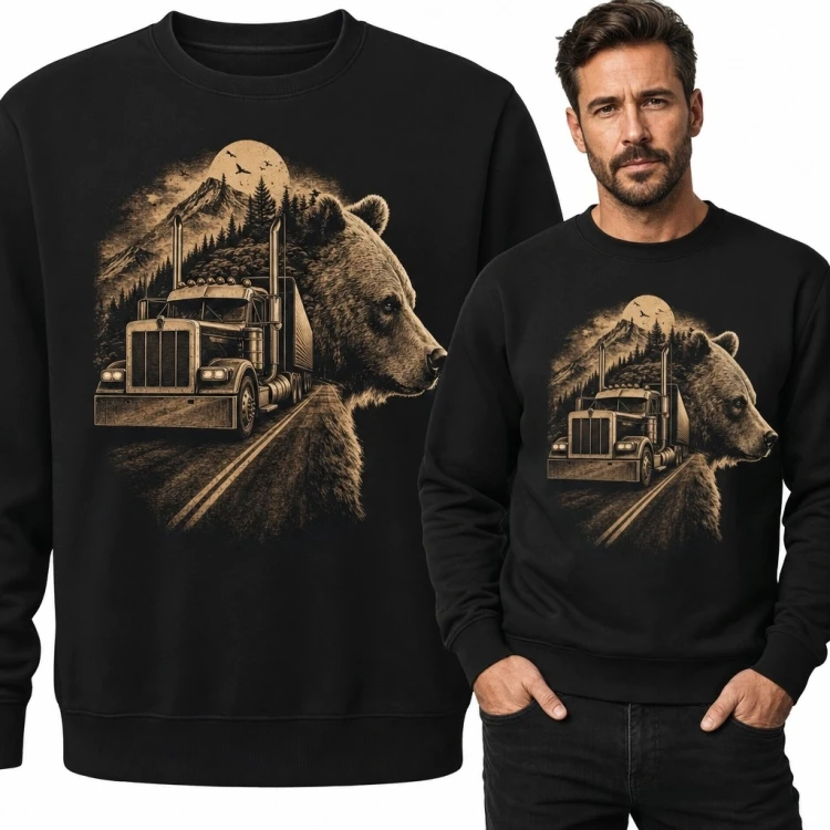 Bluza męska bez kaptura - niedźwiedź, amerykańska ciężarówka i górski las