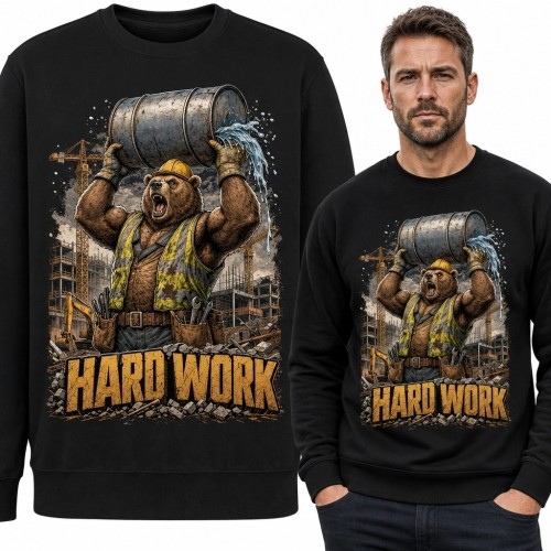 Bluza męska bez kaptura z niedźwiedziem budowlańcem „Hard Work” - industrialny wzór