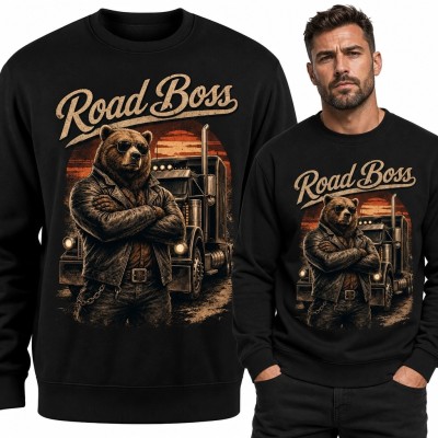 Bluza męska bez kaptura z niedźwiedziem kierowcą „Road Boss” - ciężarówka retro