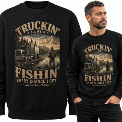 Bluza męska bez kaptura z ciężarówką i wędkarzem „Truckin’ / Fishin’”