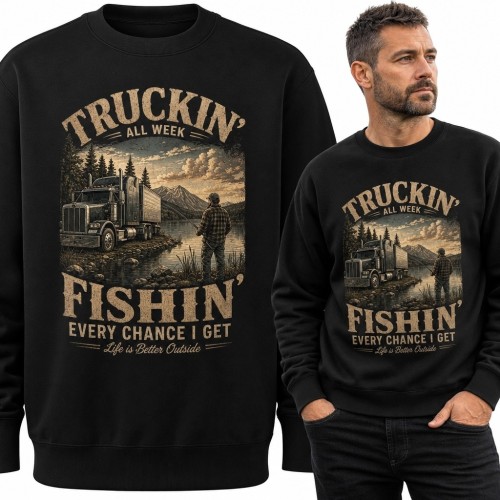 Bluza męska bez kaptura z ciężarówką i wędkarzem „Truckin’ / Fishin’”