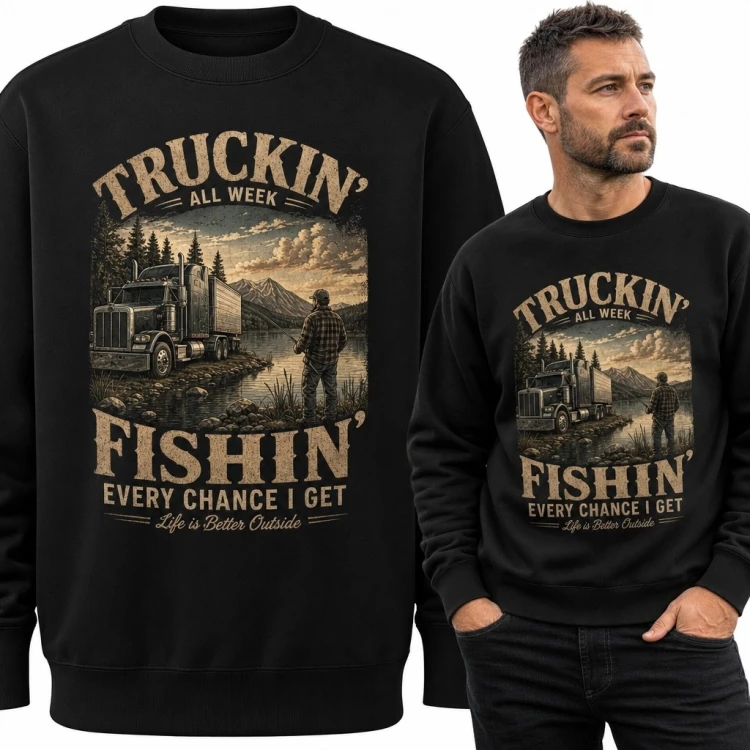 Bluza męska bez kaptura z ciężarówką i wędkarzem „Truckin’ / Fishin’”