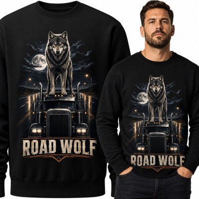 Bluza męska bez kaptura z wilkiem na ciężarówce „Road Wolf” - nocna trasa