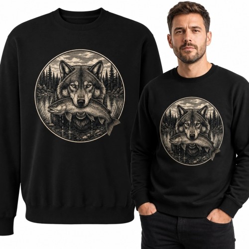Bluza męska bez kaptura - wilk z rybą nad leśnym jeziorem