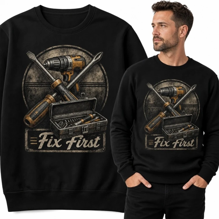 Bluza męska bez kaptura z narzędziami „Fix First” - dla majsterkowicza