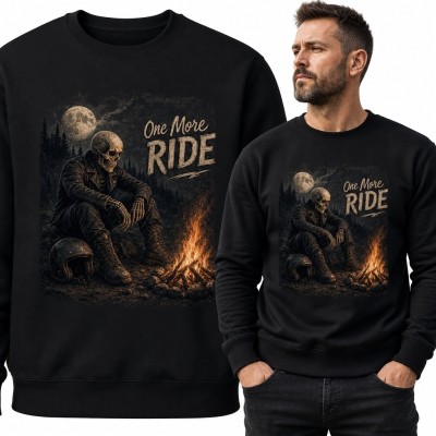 Bluza męska bez kaptura ze szkieletem motocyklisty przy ognisku - „One More Ride”