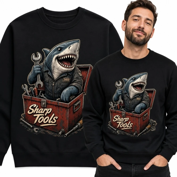Bluza męska bez kaptura z rekinem mechanikiem i napisem „Sharp Tools”