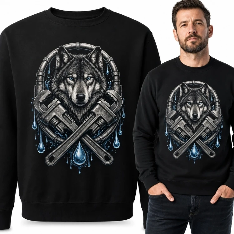 Bluza męska bez kaptura z wilkiem i kluczami do rur - dla hydraulika