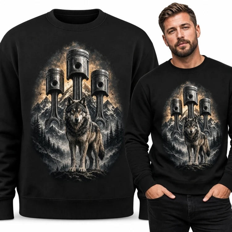 Bluza męska bez kaptura z wilkiem i tłokami silnikowymi - motyw górskiego lasu