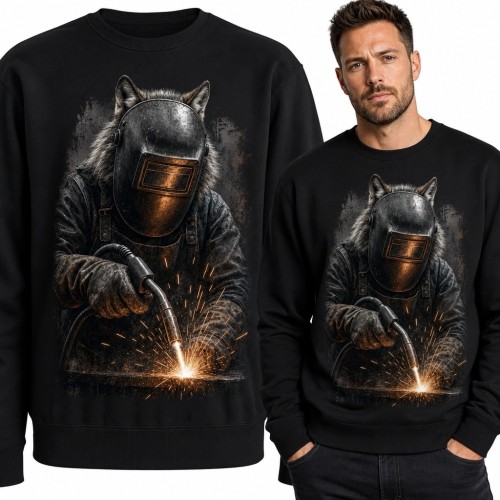 Bluza męska bez kaptura z kotem-spawaczem - industrialny nadruk