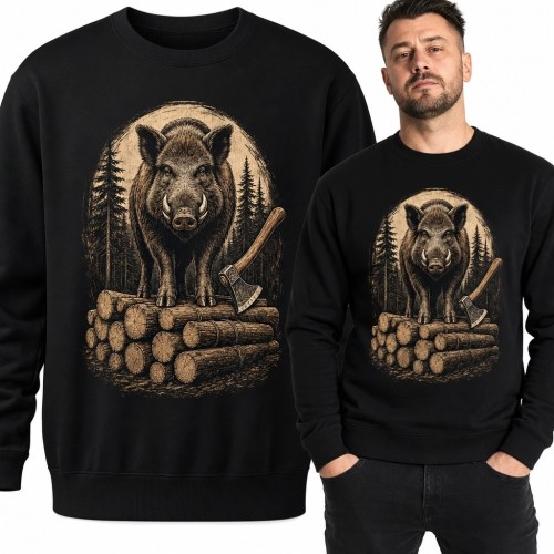 Bluza męska bez kaptura z dzikiem, stosem polan i siekierą - leśny motyw retro