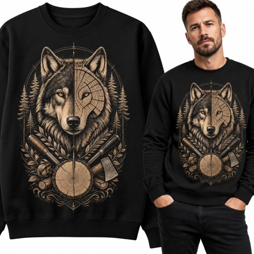 Bluza męska bez kaptura - wilk w lesie w stylu drwala
