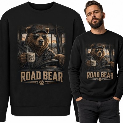 Bluza męska bez kaptura z niedźwiedziem kierowcą i napisem „Road Bear” - motyw ciężarówki