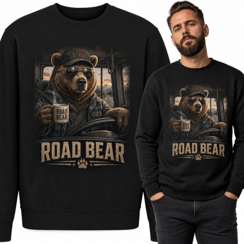 Bluza męska bez kaptura z niedźwiedziem kierowcą i napisem „Road Bear” - motyw ciężarówki