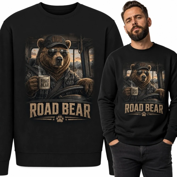 Bluza męska bez kaptura z niedźwiedziem kierowcą i napisem „Road Bear” - motyw ciężarówki