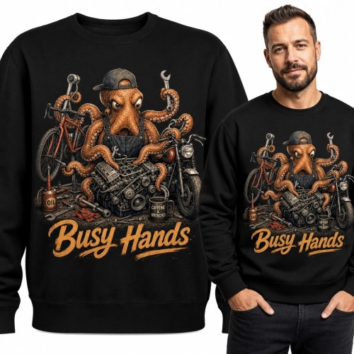 Bluza męska bez kaptura dla mechanika z ośmiornicą „Busy Hands” - retro warsztatowa
