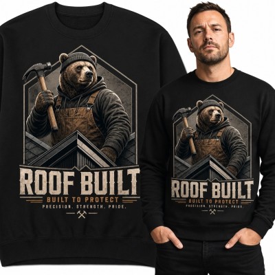 Bluza męska bez kaptura dla dekarza „Roof Built” - niedźwiedź z młotkiem