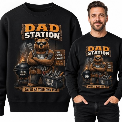 Bluza męska bez kaptura z niedźwiedziem grillmasterem „Dad Station”
