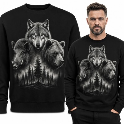 Bluza męska bez kaptura - wilk, dzik i niedźwiedź nad lasem