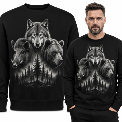 Bluza męska bez kaptura - wilk, dzik i niedźwiedź nad lasem