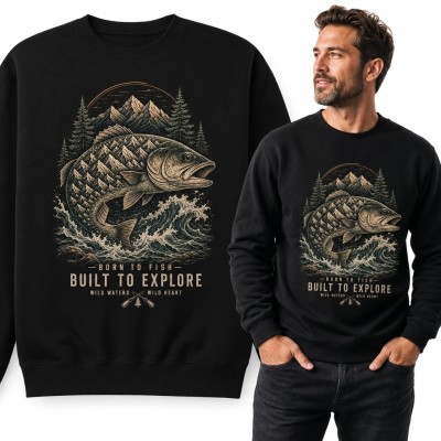 Bluza męska bez kaptura dla wędkarza „Built to Explore” - ryba, góry i las