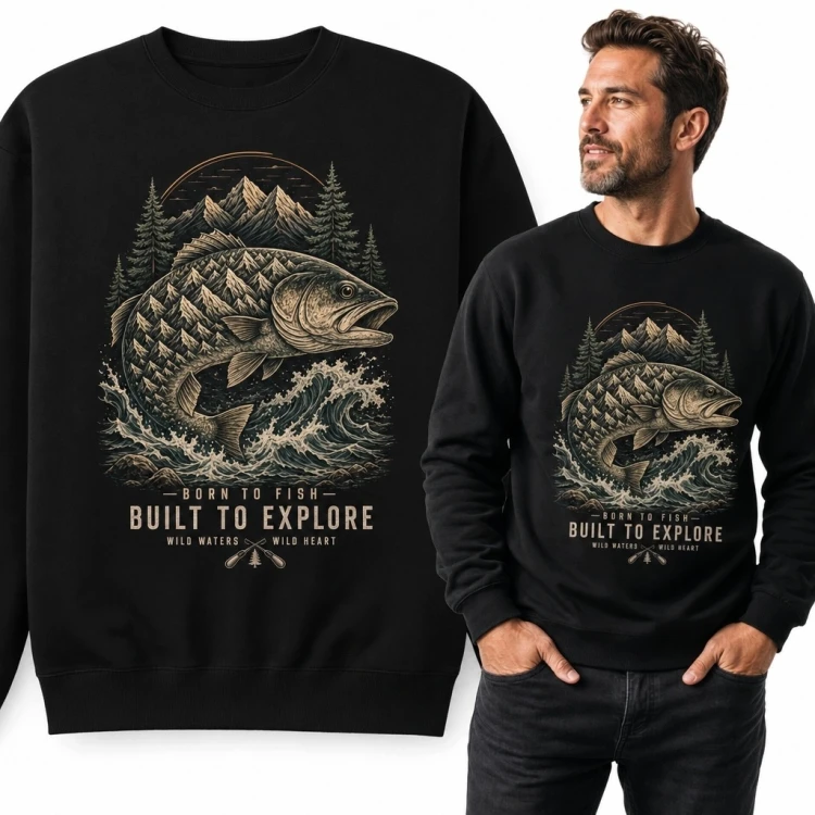 Bluza męska bez kaptura dla wędkarza „Built to Explore” - ryba, góry i las