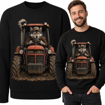 Bluza męska bez kaptura - wilk za kierownicą starego czerwonego traktora