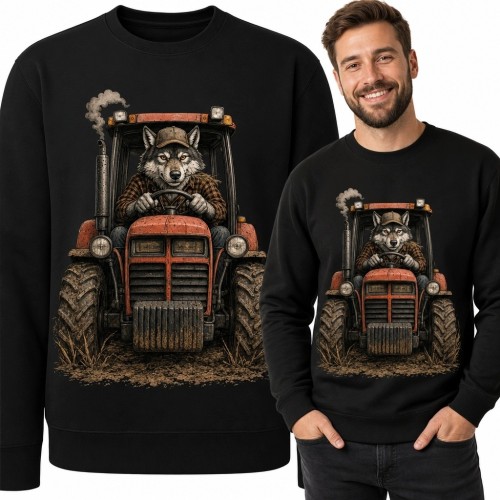 Bluza męska bez kaptura - wilk za kierownicą starego czerwonego traktora