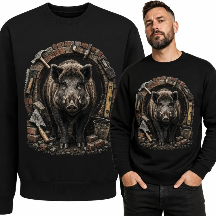 Bluza męska bez kaptura z dzikiem w ceglanym łuku i narzędziami
