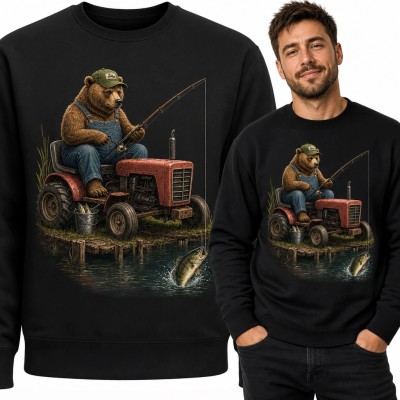 Bluza męska bez kaptura - niedźwiedź wędkarz na czerwonym traktorze