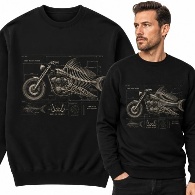 Bluza męska bez kaptura - motocykl połączony z rybim szkieletem