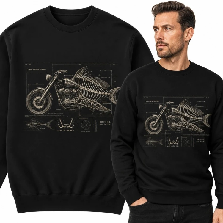 Bluza męska bez kaptura - motocykl połączony z rybim szkieletem