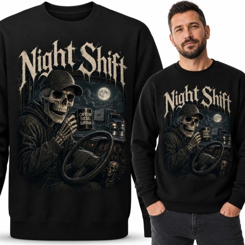 Bluza męska bez kaptura dla kierowcy ciężarówki „Night Shift” - mroczny szkielet